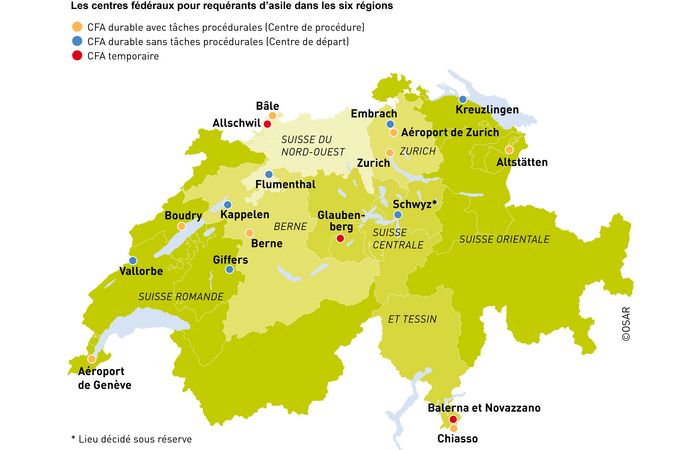 Grafik der Bundesasylzentren in den sechs Asylregionen