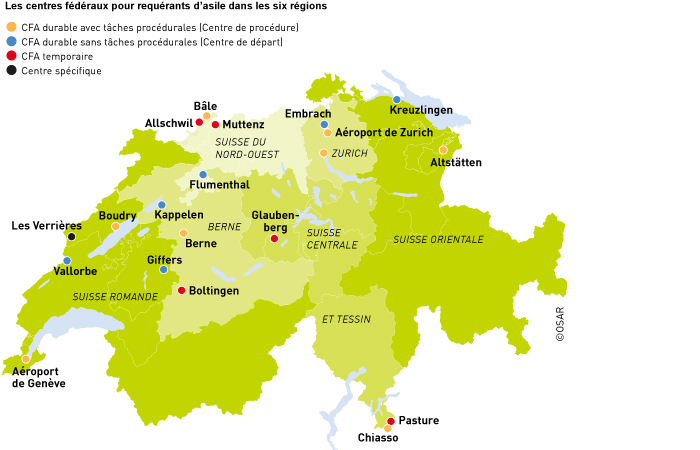 Graphique des centres d'asile fédéraux dans les six régions d'asile